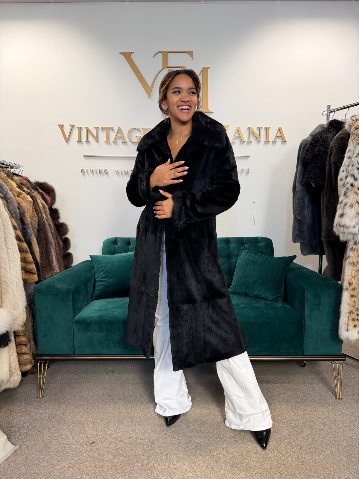 Black Sheared Rabbit Fur Coat, Small, Full Length