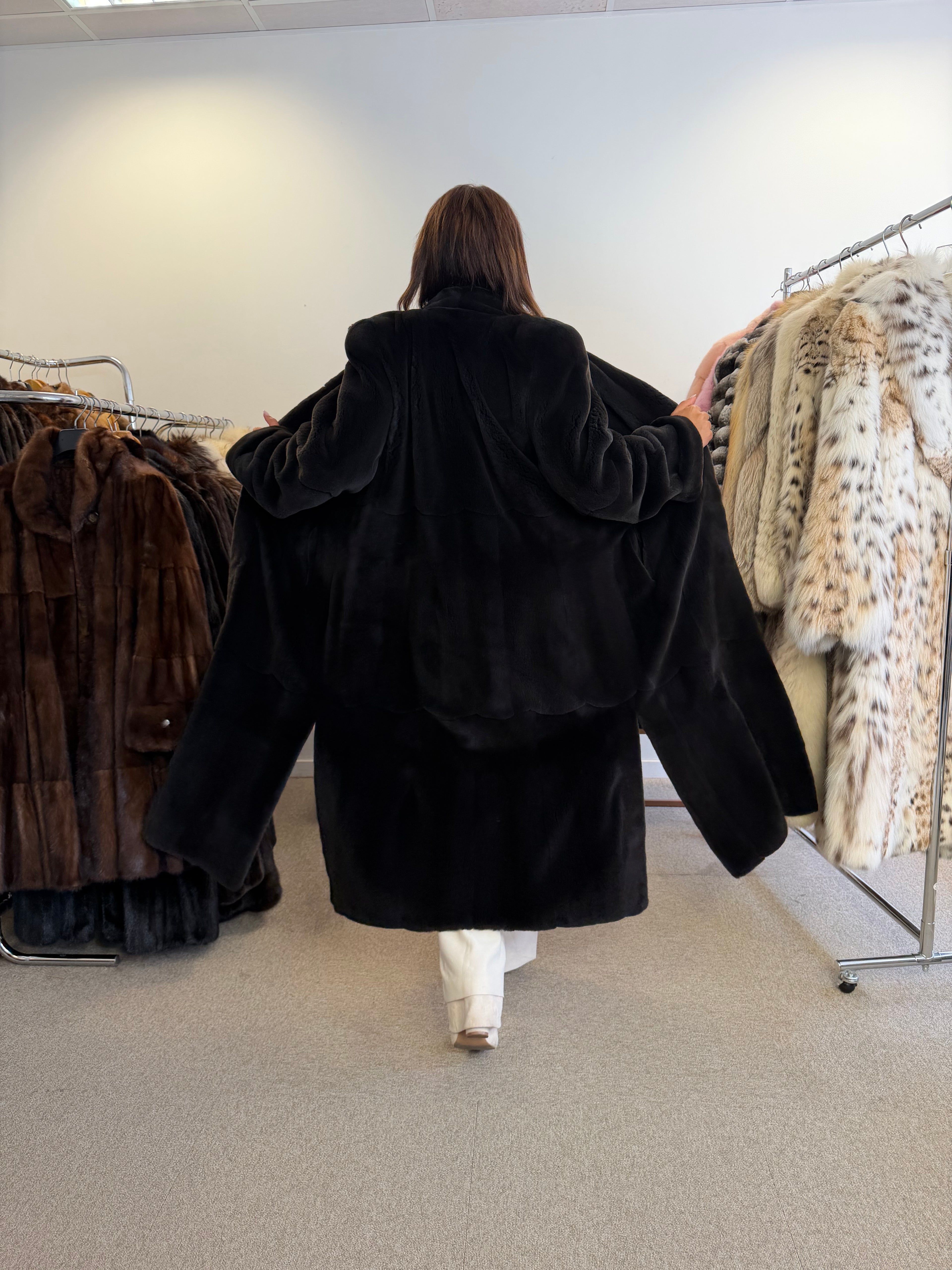 New Mink Fur Coat, Dark Sapphire Sheared, Size L