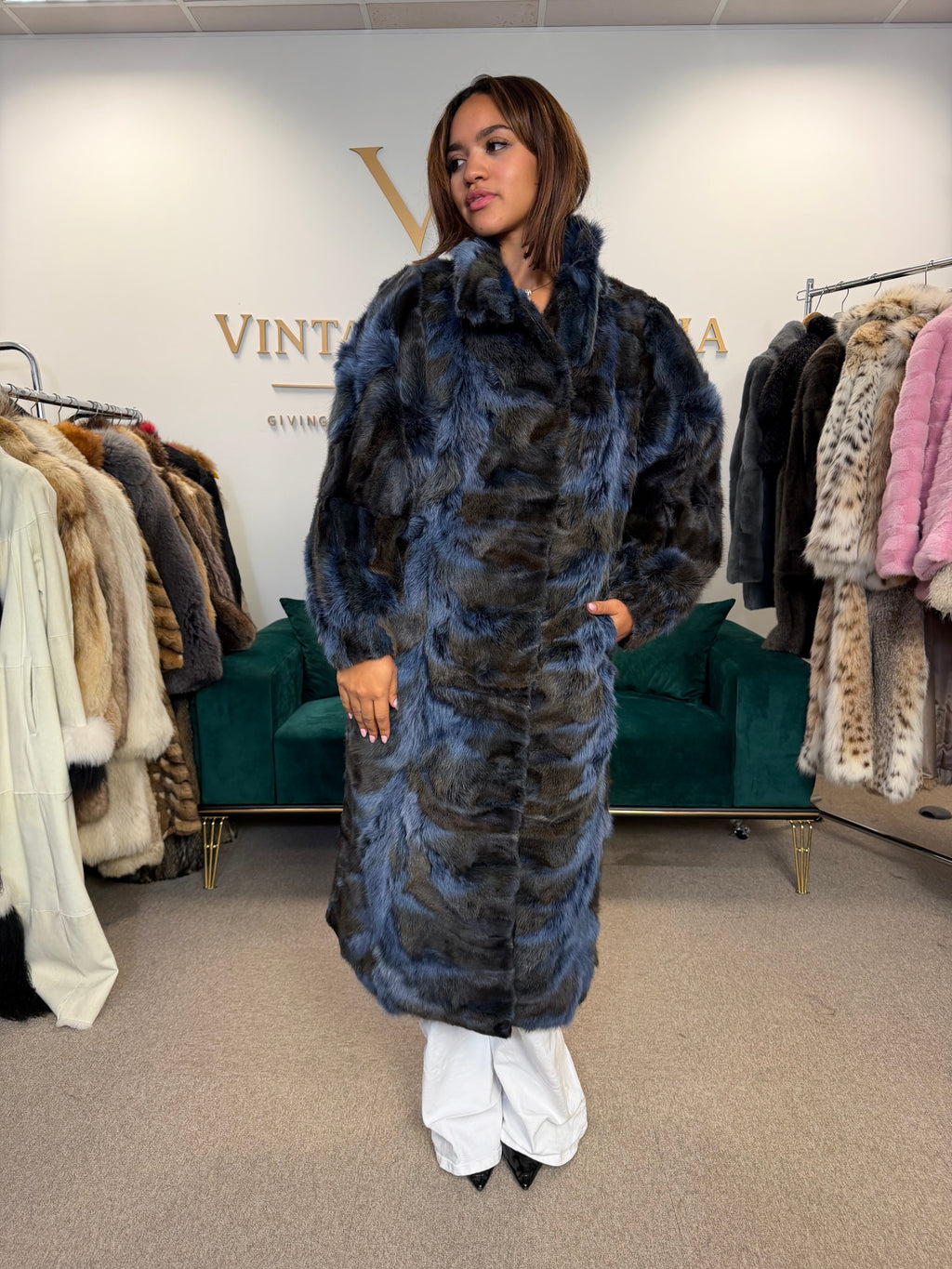 Blue & Black Dyed Fox Fur Coat, Large, Pieced