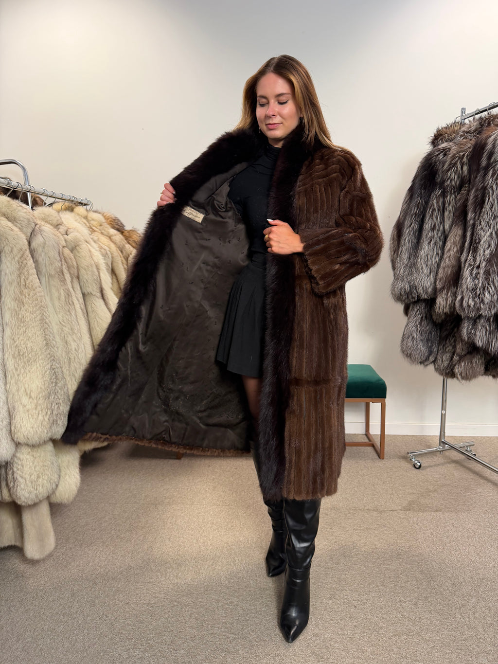 Brown Mink Fur Coat, Fox Collar, Size M