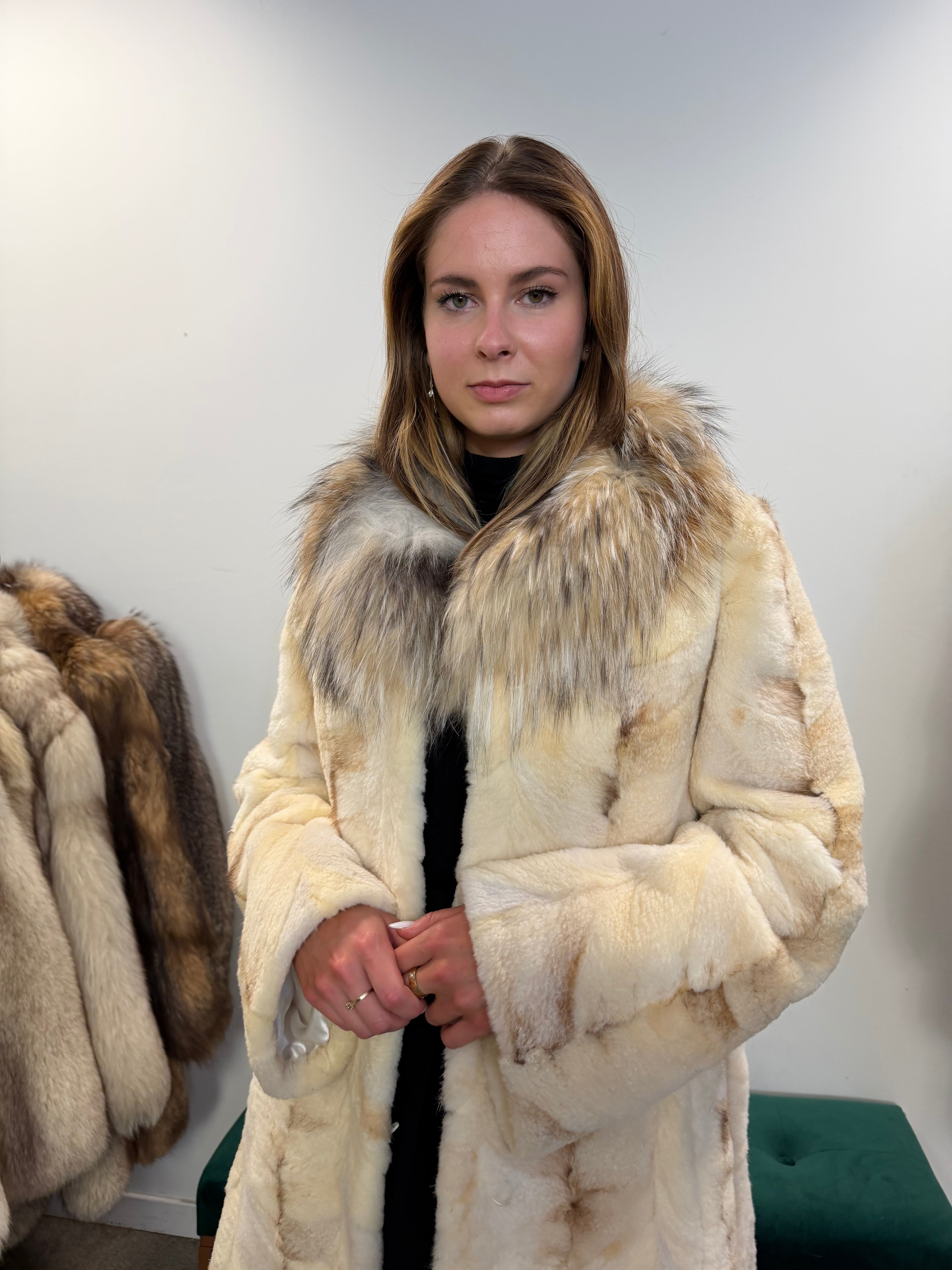 Mink Fur Coat, Sheared White, Fox Collar, Size M