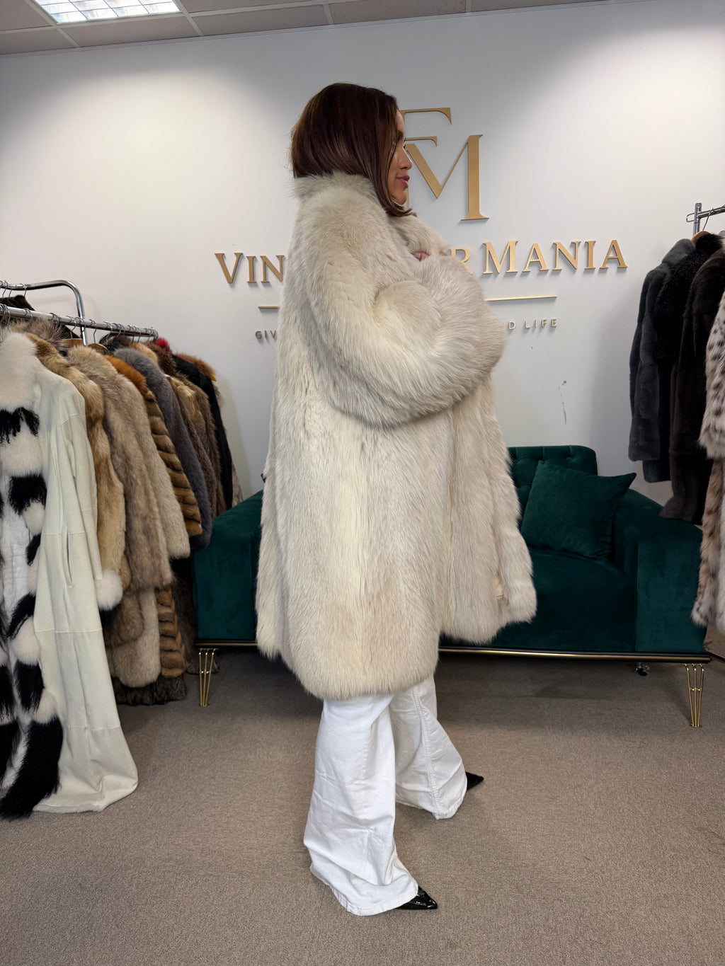 White Nordic Fox Fur Coat, One Size up to 4XL, Open Front