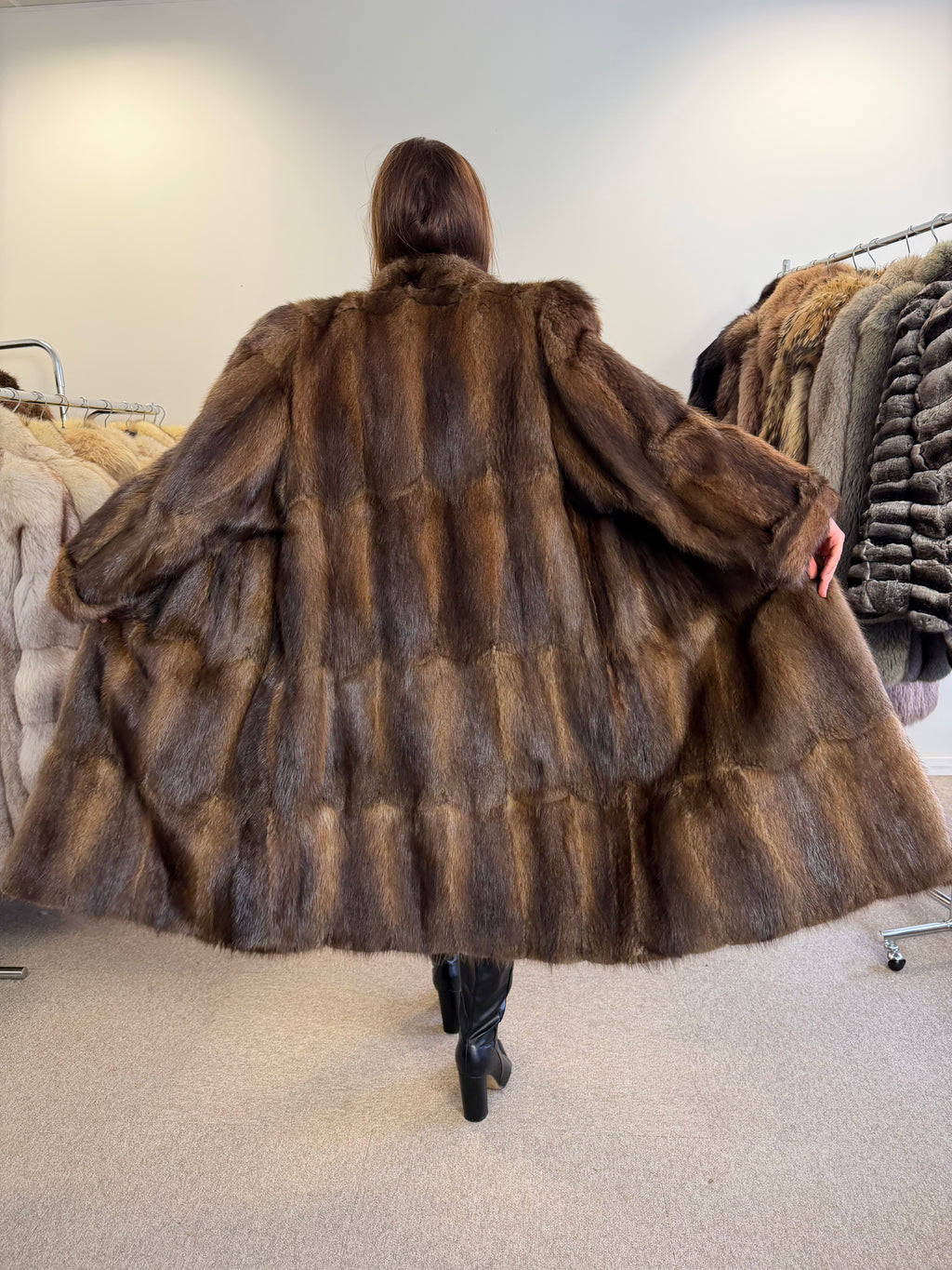 Brown Beaver Fur Coat, Full Length, XL Fits M to L