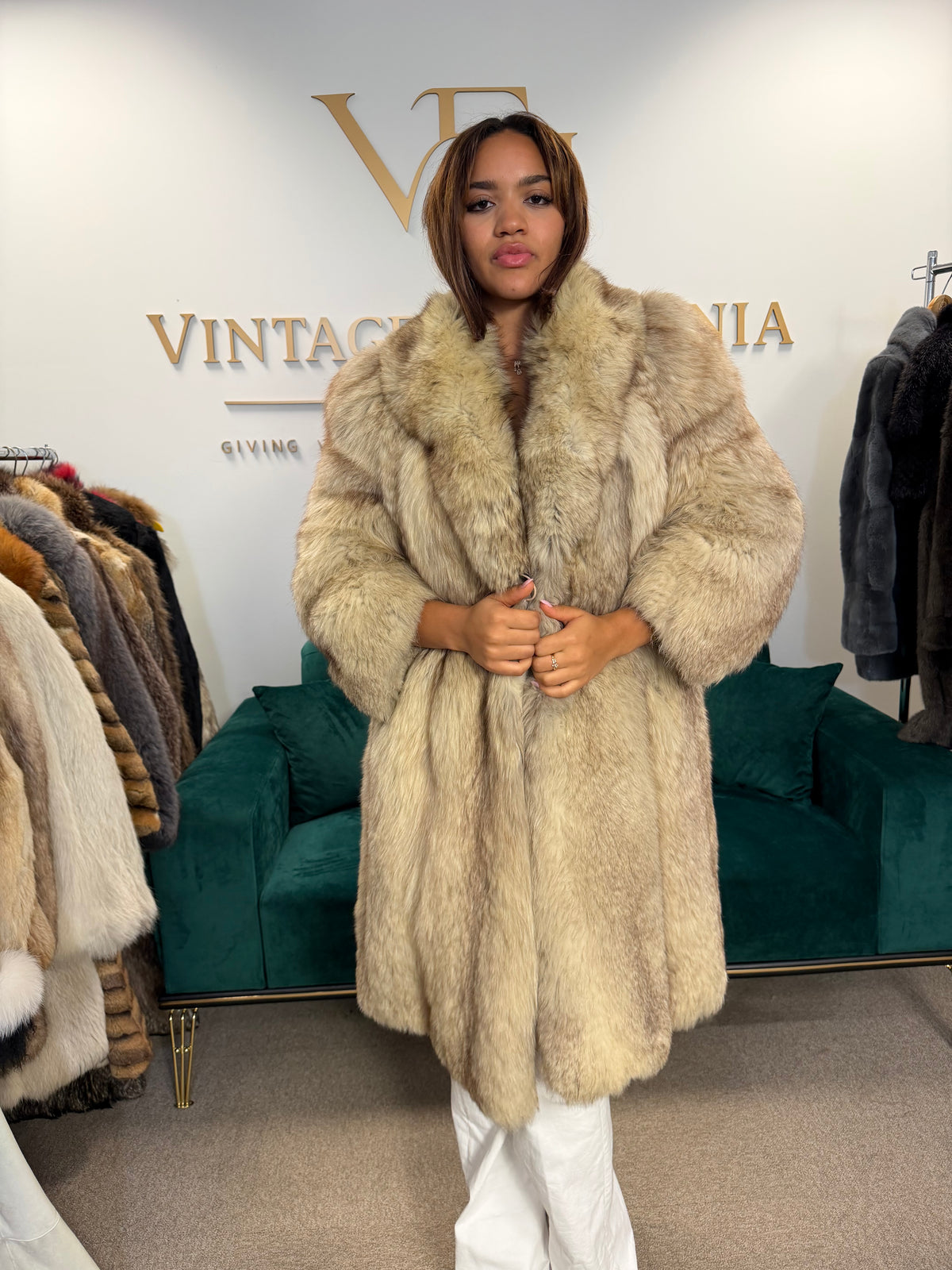 White Nordic Fox Fur Coat, Large, Outlet