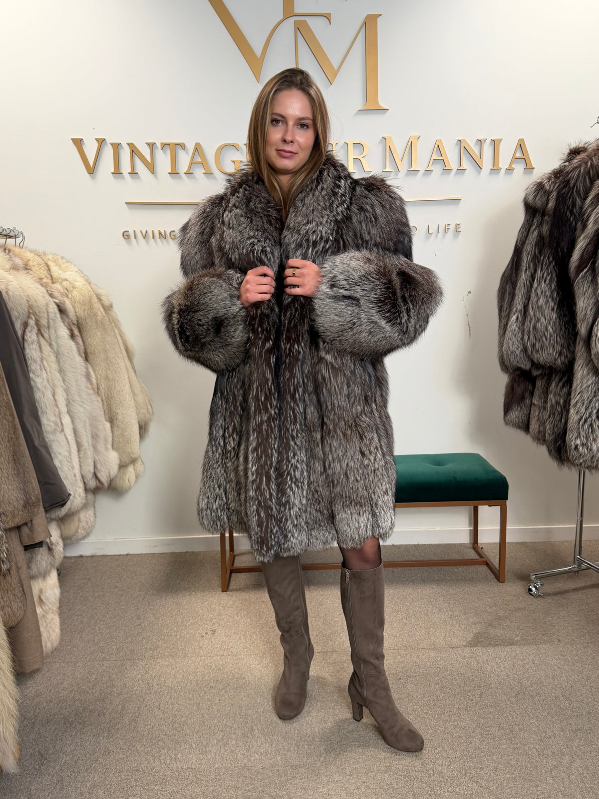 Silver Fox Fur Coat, XL, SAGA, Fluffy