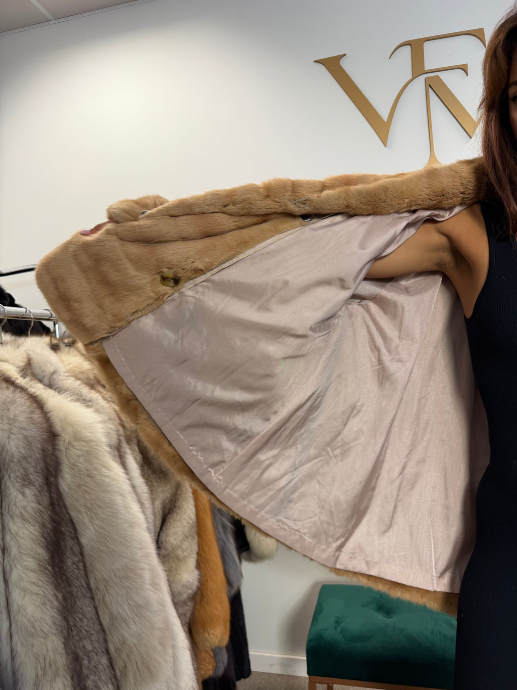 Cream Beige Feh Fur Coat, Butterfly Style, XL