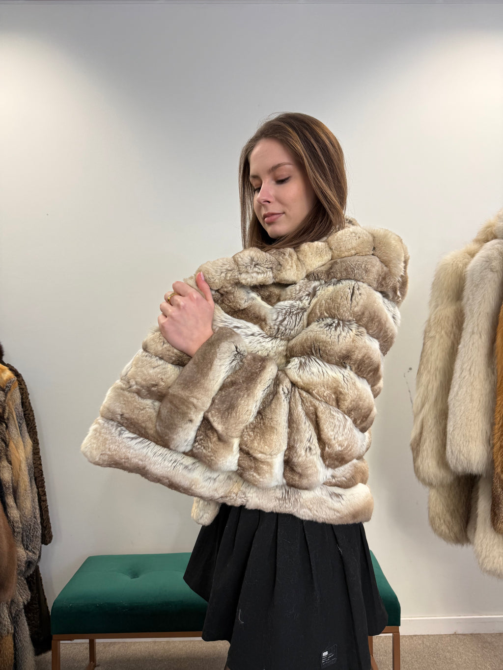Chinchilla Fur Coat, Light Grey, Hooded, Size M
