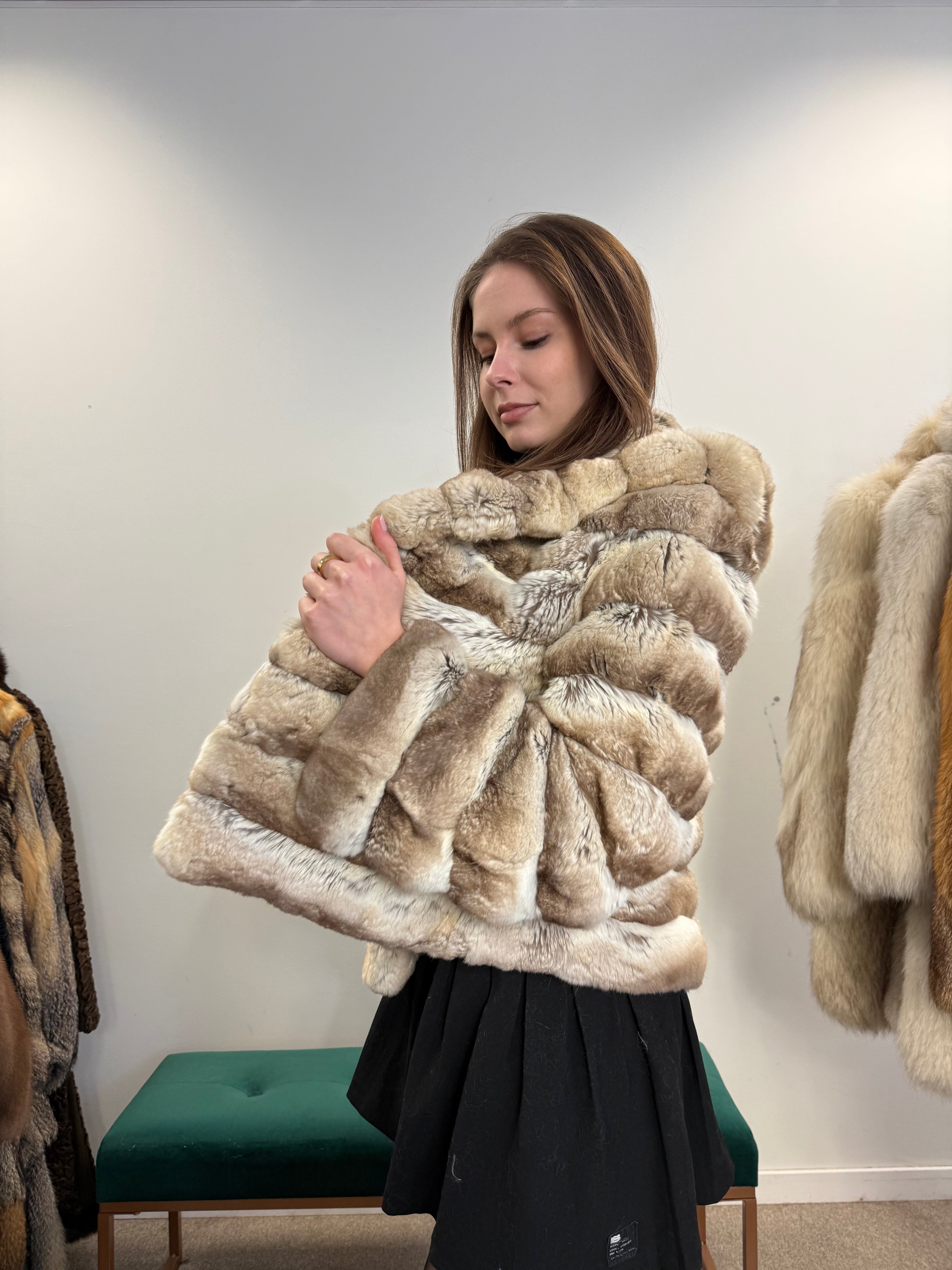 Chinchilla Fur Coat, Light Grey, Hooded, Size M