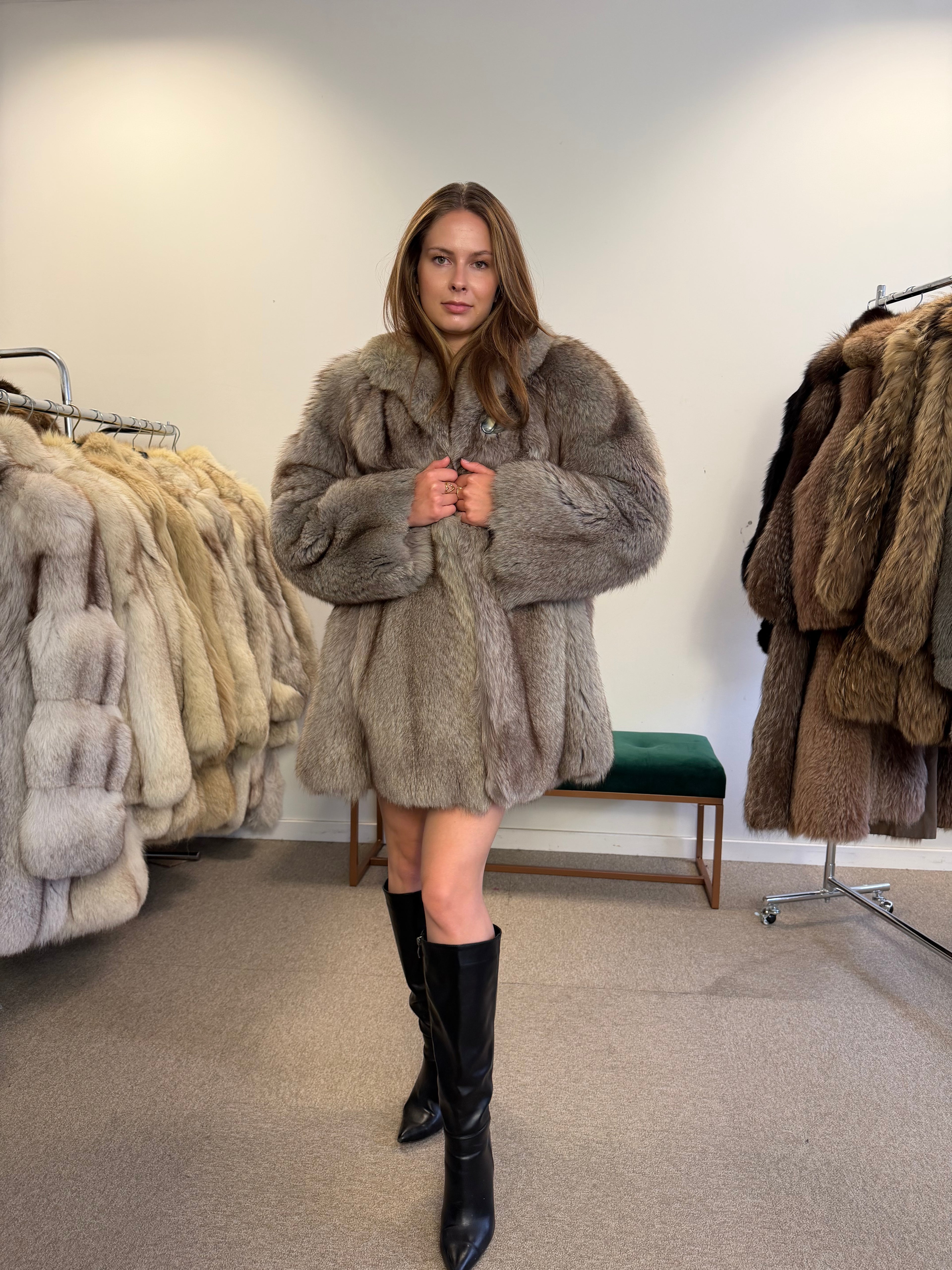 Blue Fox Fur Coat, Light Blue, Size M
