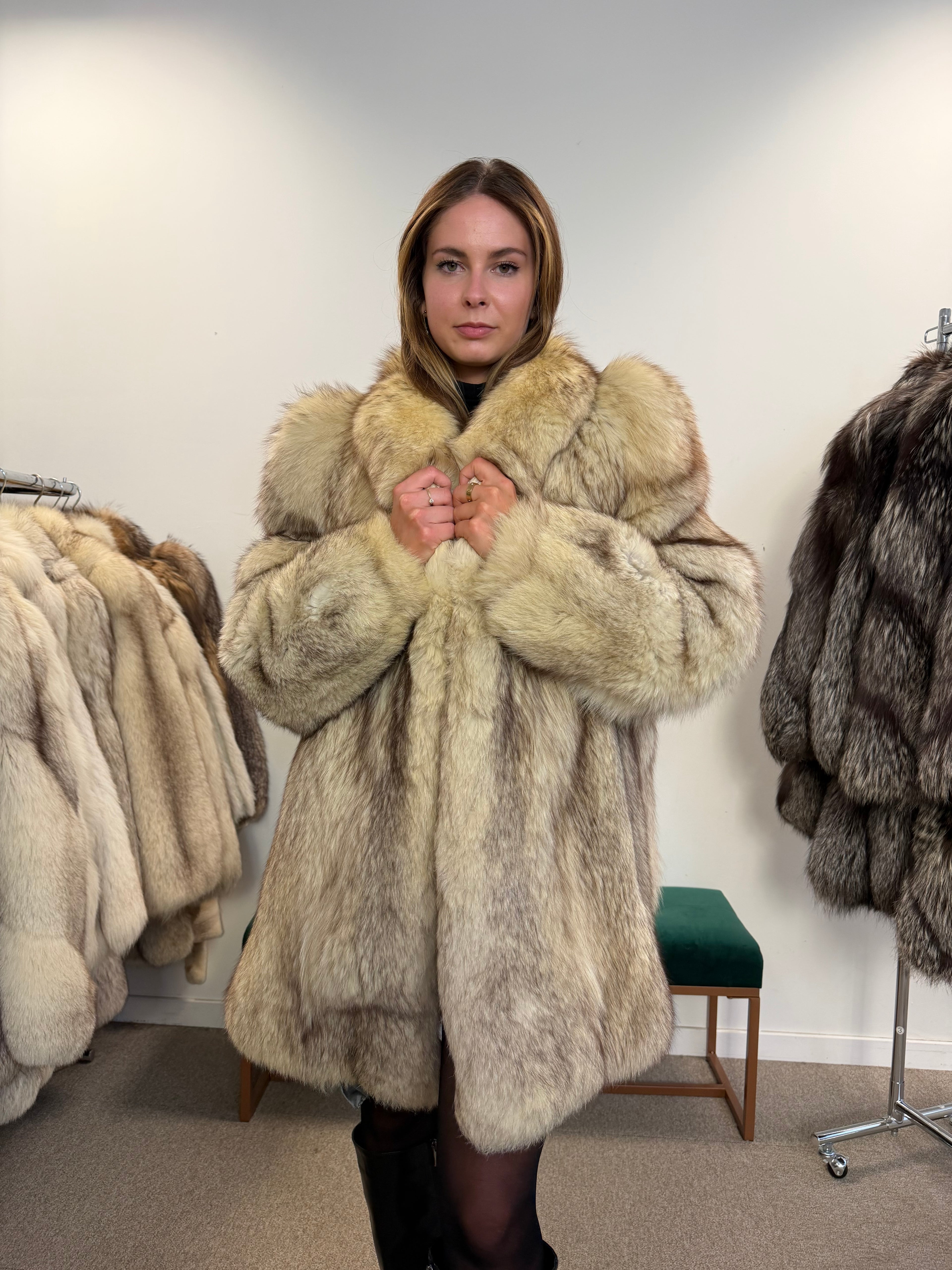 White Nordic Fox Real Fur Coat, Size L
