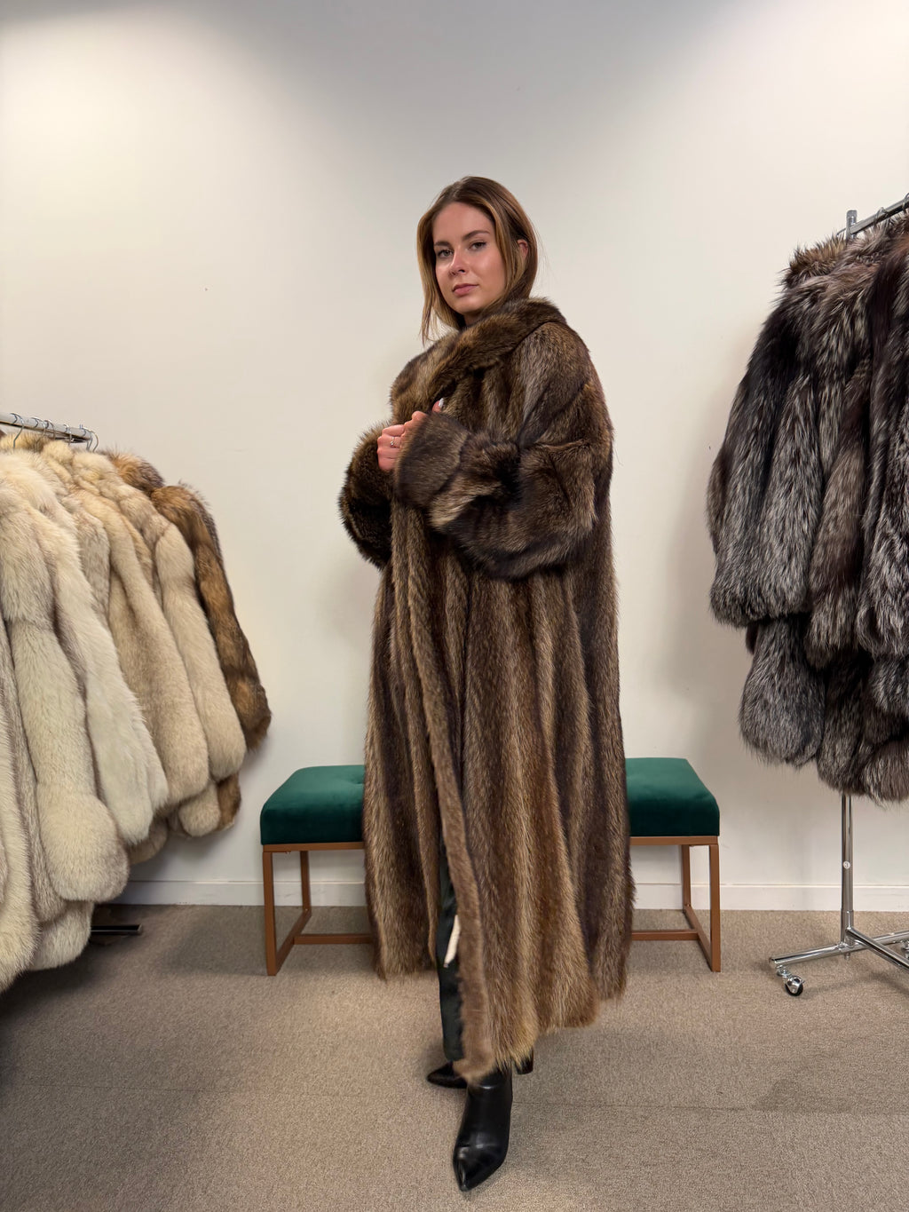 Raccoon Fur Coat, Full Length, Size L