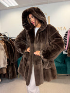 Sheared Beaver Fur Coat, Hooded, Oversize up to 3XL