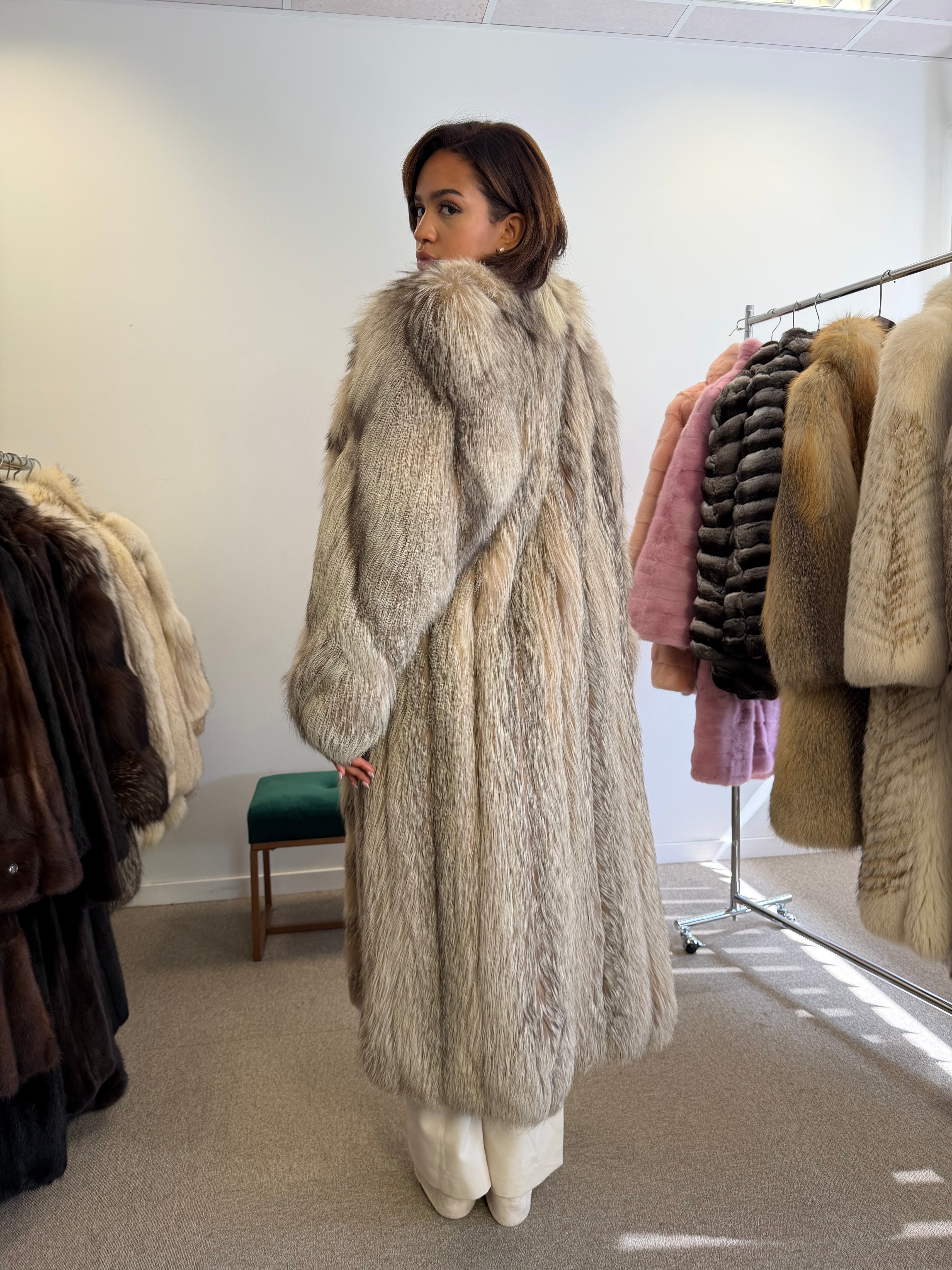 Silver Fox Fur Coat, Full Length, Size L