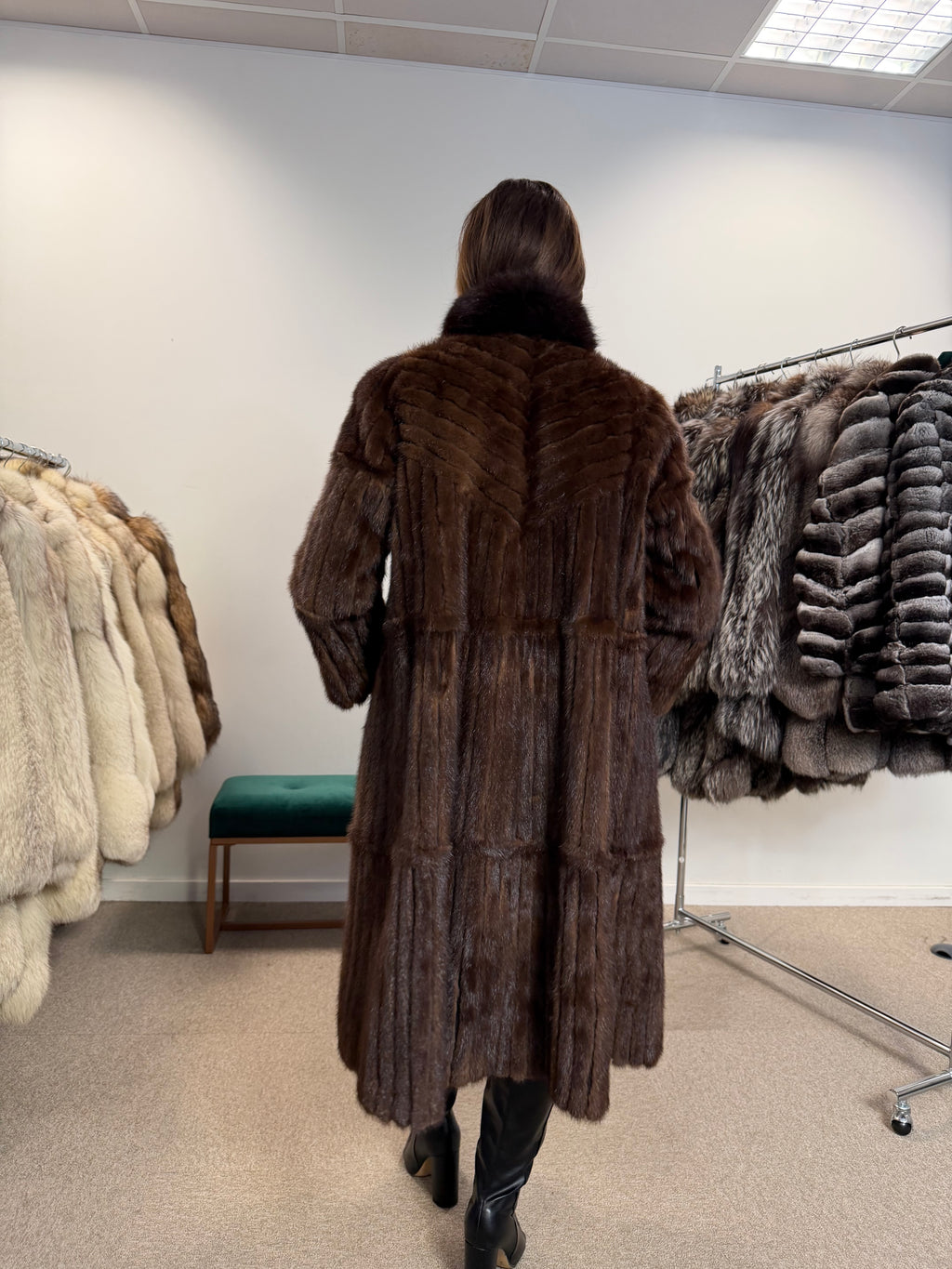 Brown Mink Fur Coat, Fox Collar, Size M