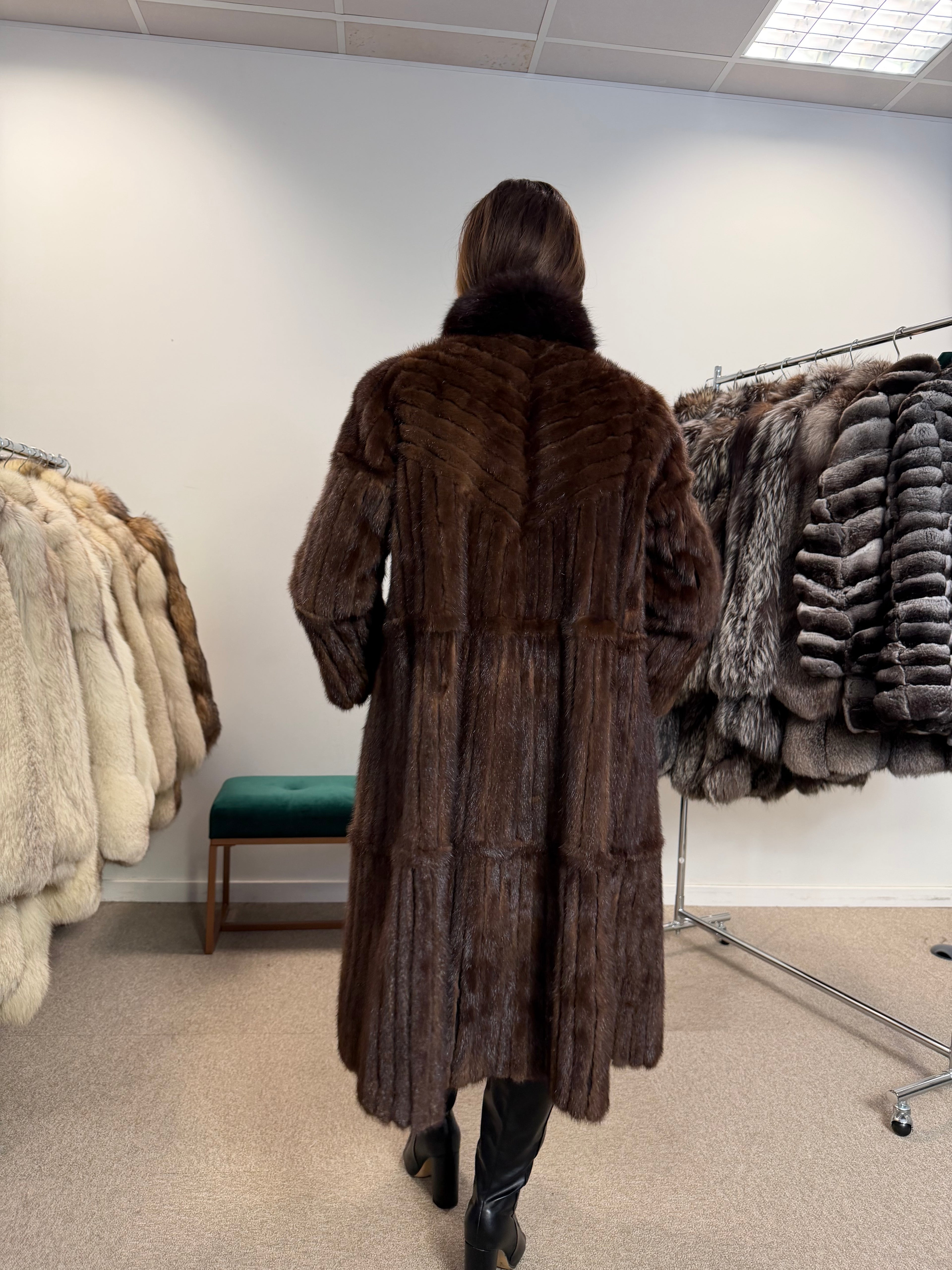Brown Mink Fur Coat, Fox Collar, Size M