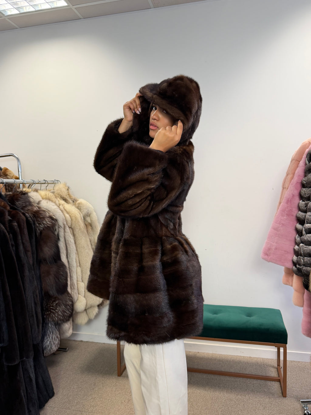 NEW Mink Fur Coat, Dark Hooded, XL