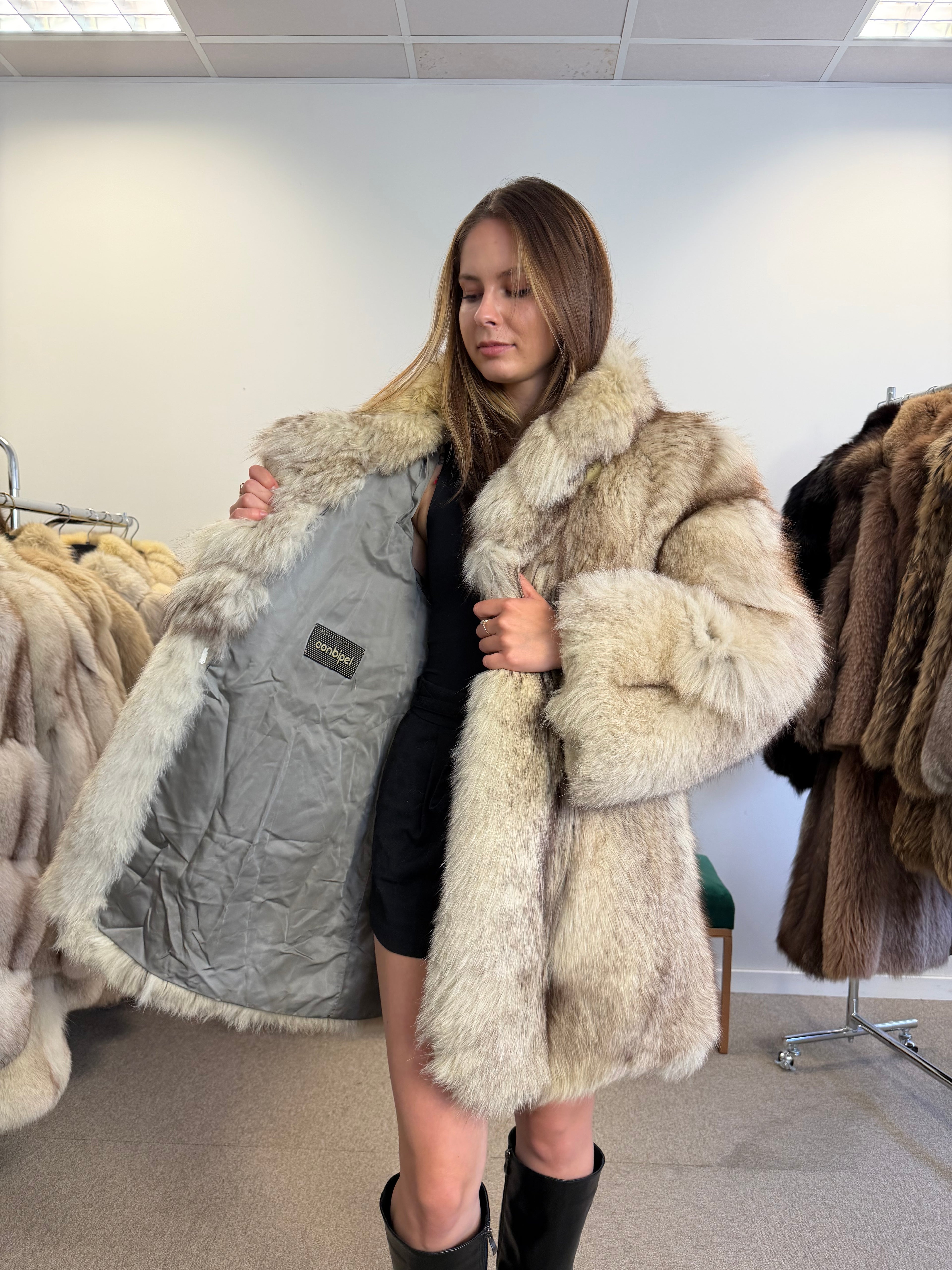 Fox Fur Coat, White, Size M