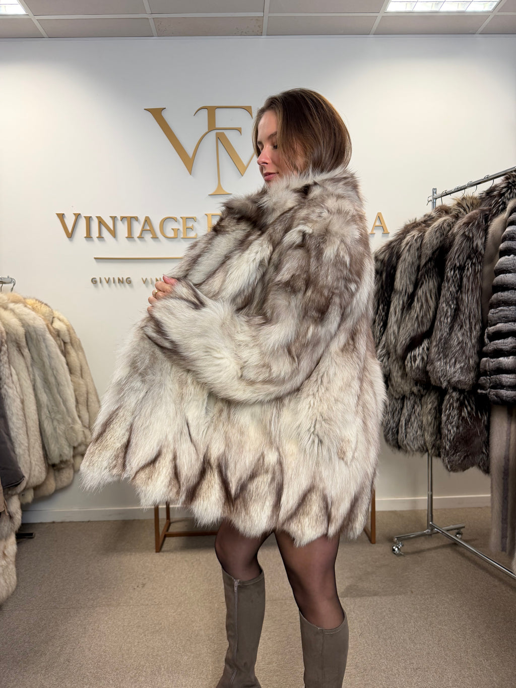 White Fox Fur Coat, Medium, Pieced, Light Weight