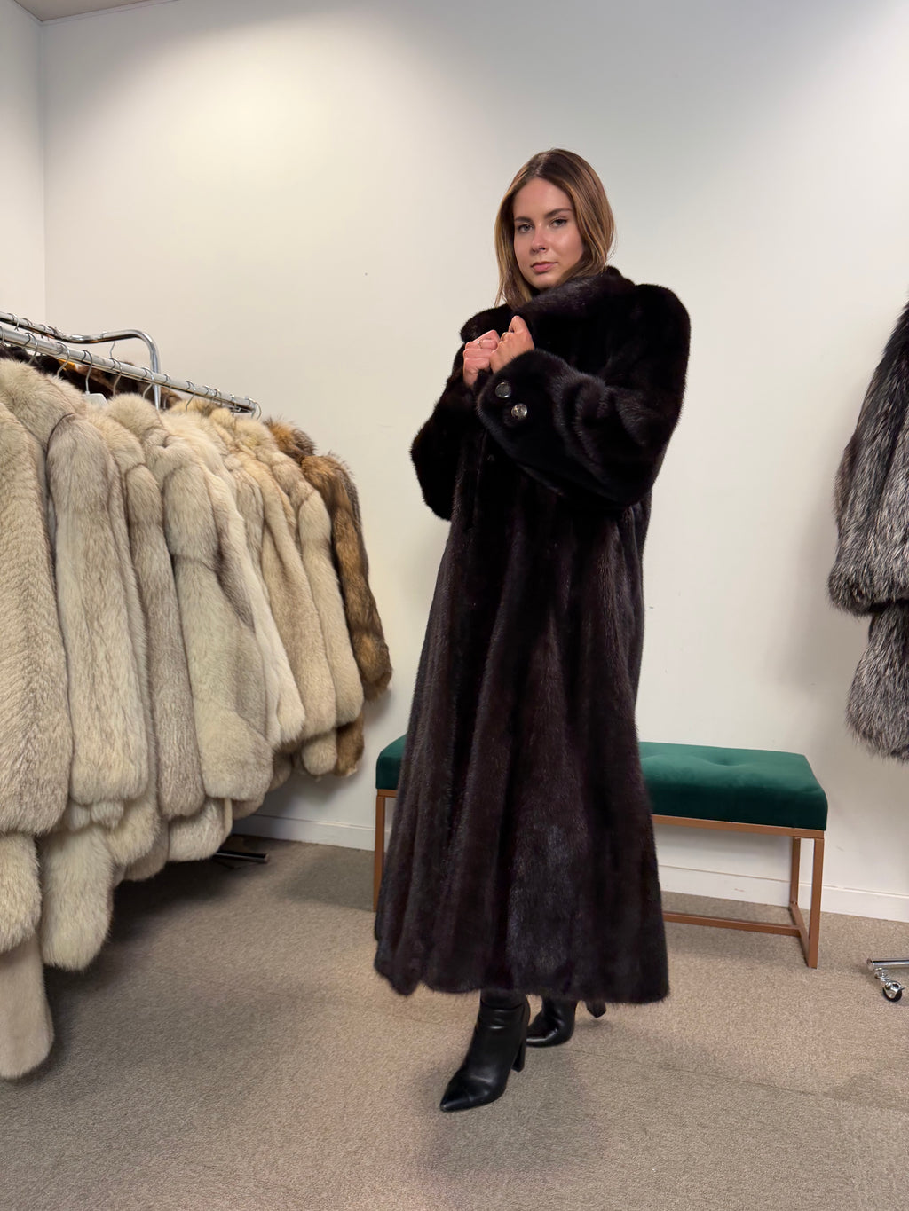 Luxury Mink Fur Coat, Dark Brown, Extra Long, Size L