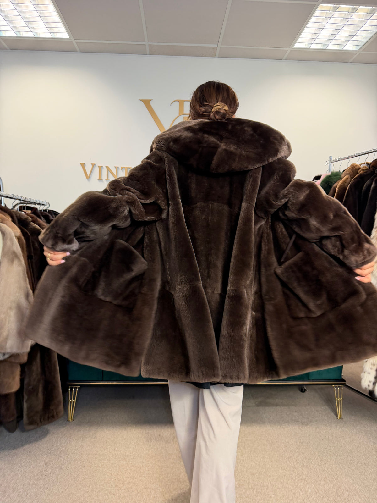 Sheared Beaver Fur Coat, Hooded, Oversize up to 3XL