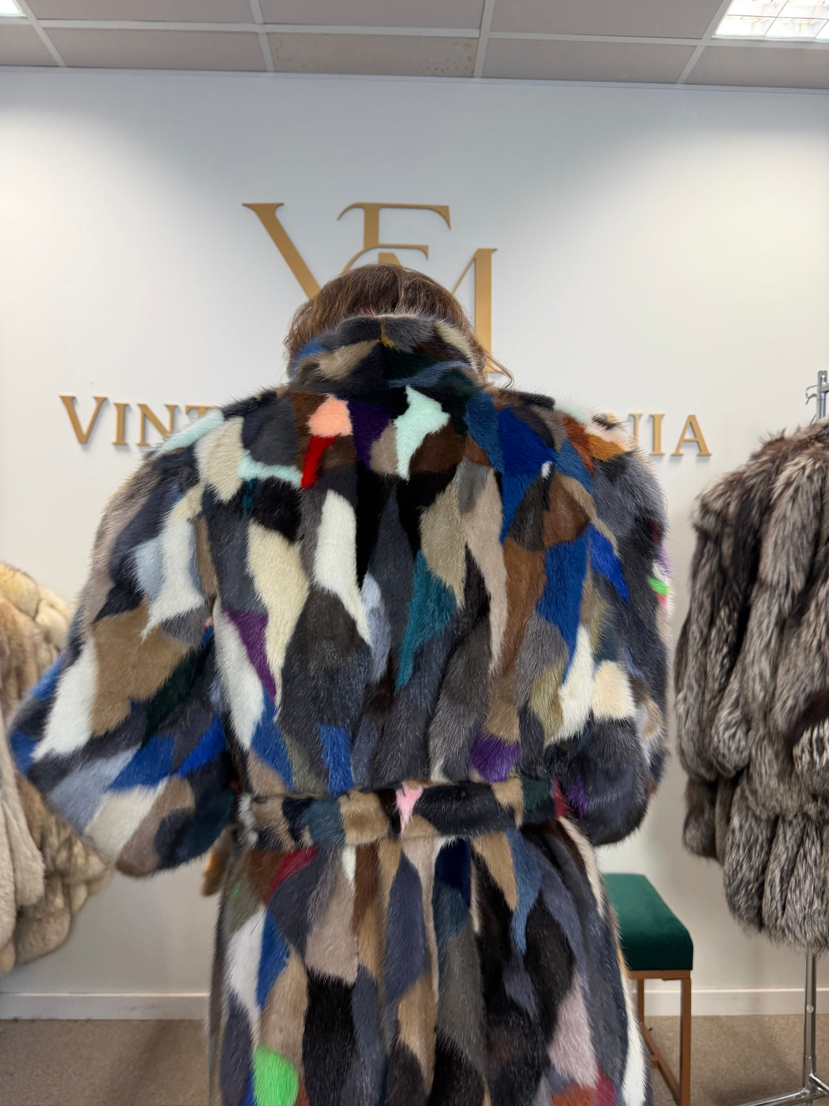 Mixed Colour Dyed Mink Fur Coat, XL, Full Length, Belted