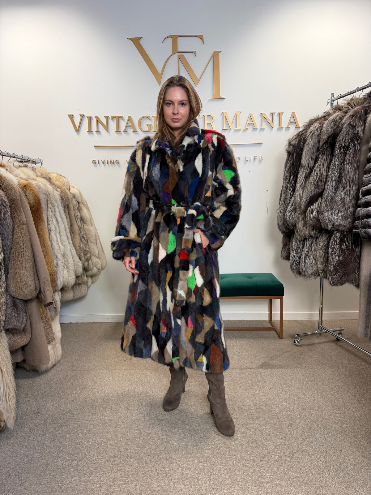 Mixed Colour Dyed Mink Fur Coat, XL, Full Length, Belted