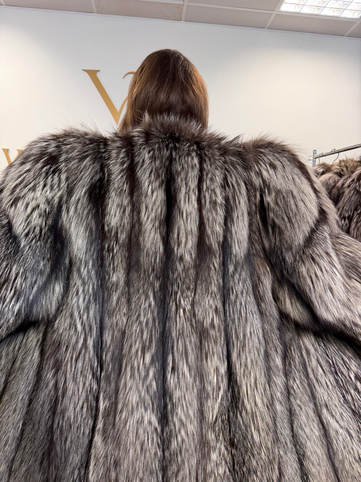 Silver Fox Fur Coat, XL, Collarless, Rare Style