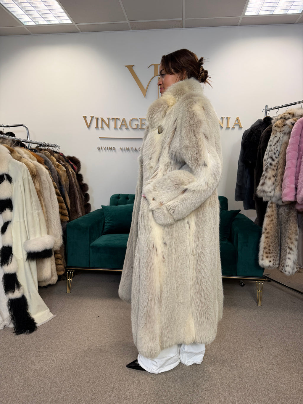 White Lynx Fox Fur Coat, Large, Full Length