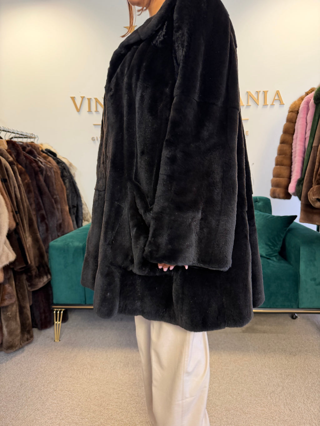 Black Sheared Mink Fur Coat, Swinger, Fits up to 4XL