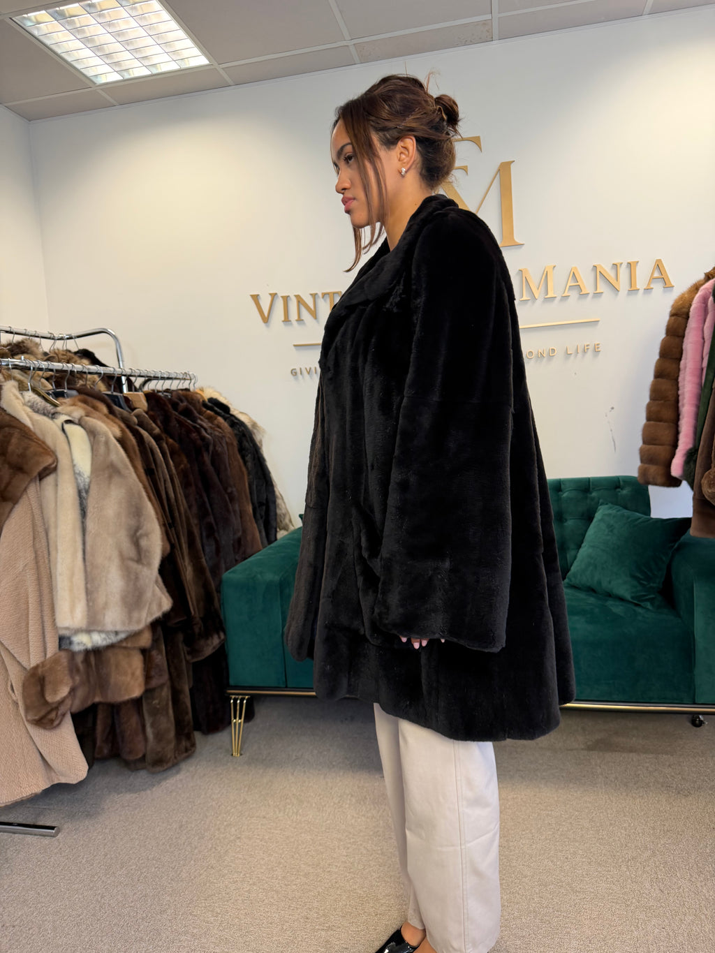 Black Sheared Mink Fur Coat, Swinger, Fits up to 4XL
