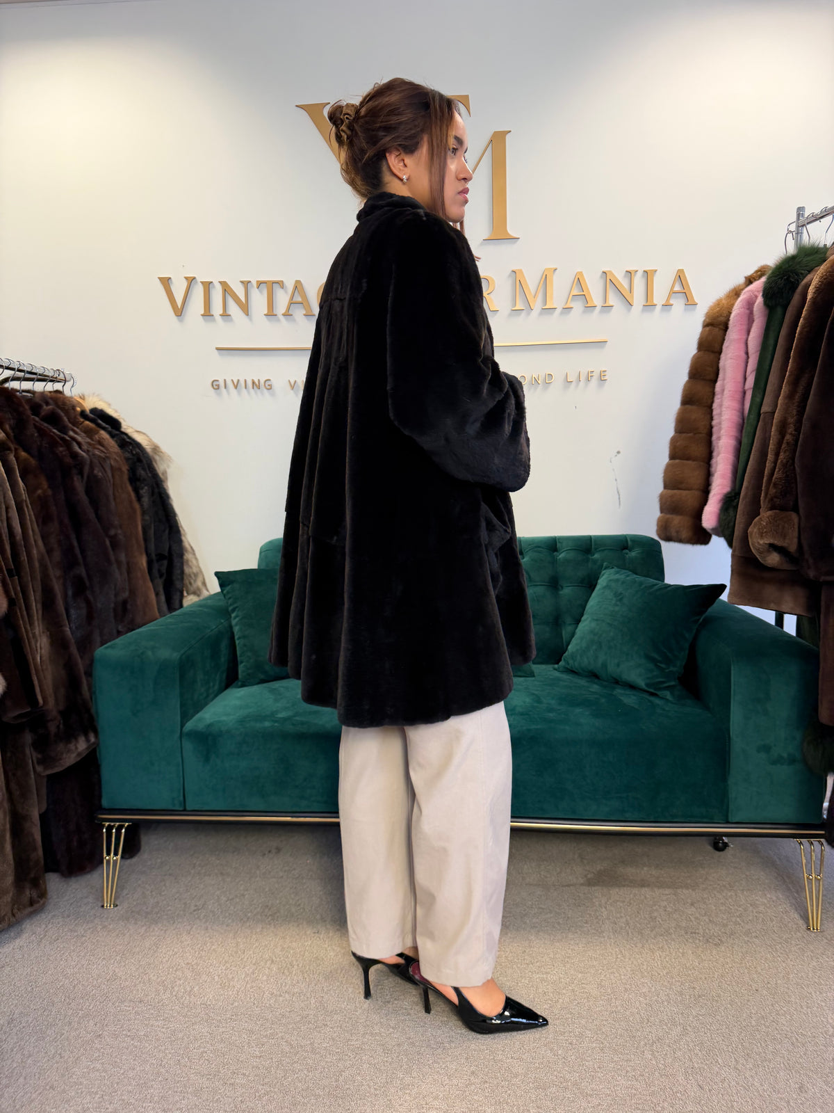 Black Sheared Mink Fur Coat, Swinger, Fits up to 4XL