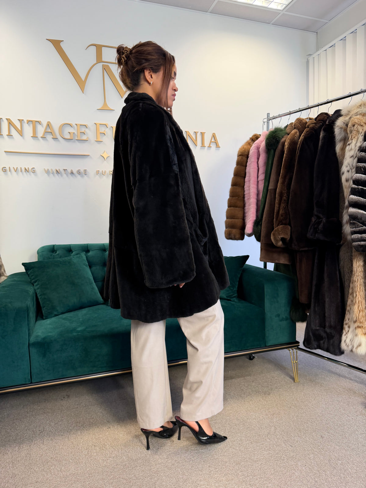 Black Sheared Mink Fur Coat, Swinger, Fits up to 4XL