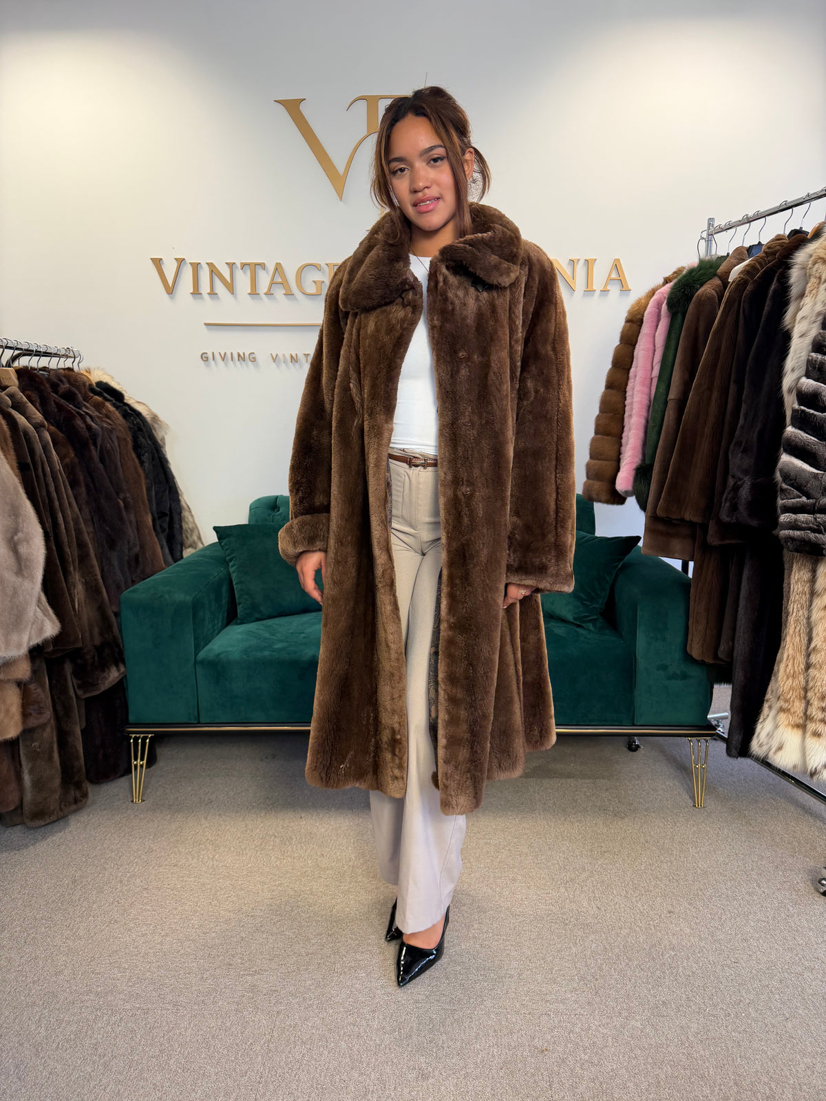 Brown Sheared Beaver Fur Coat, XL, Thick & Warm