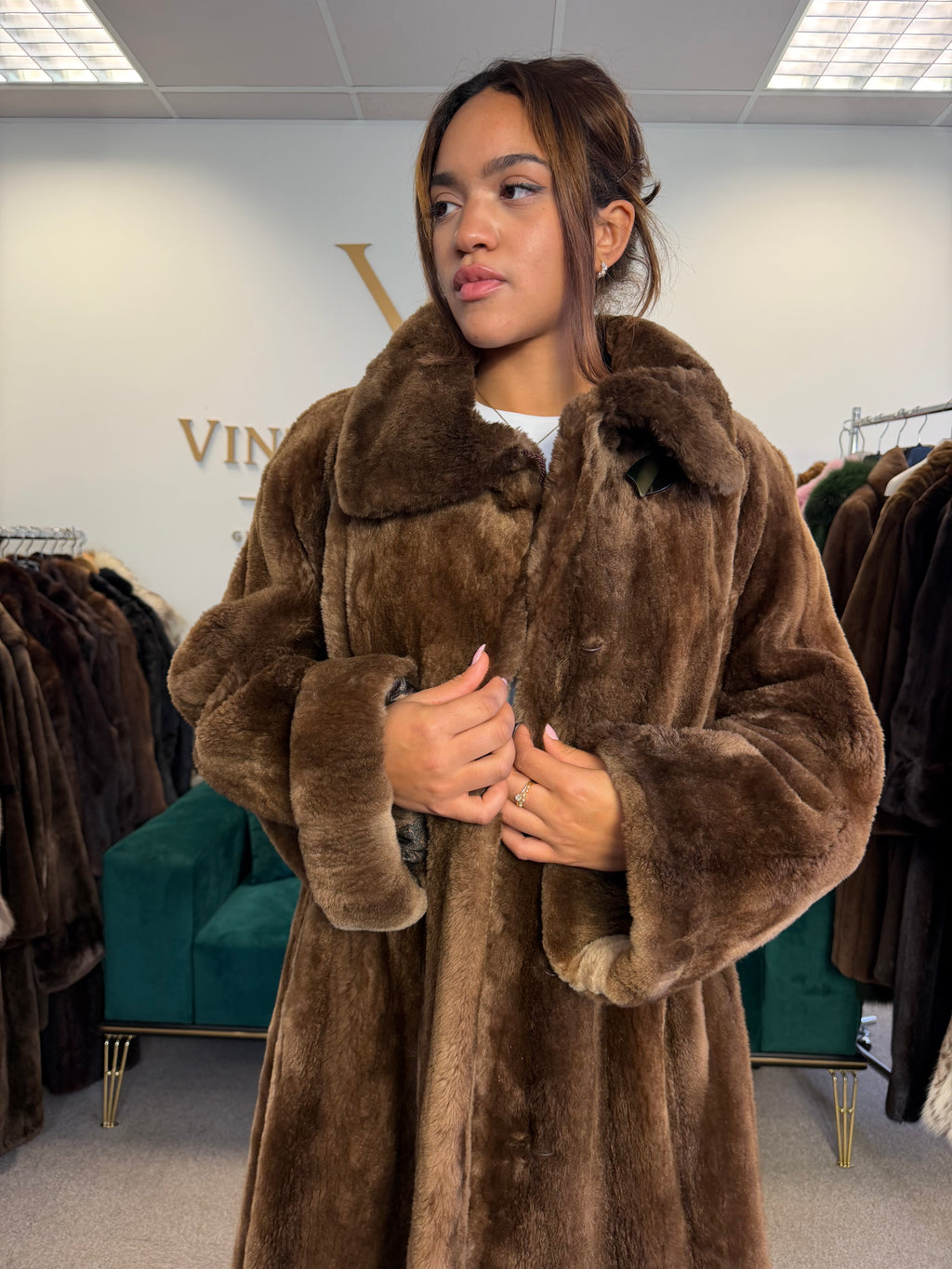Brown Sheared Beaver Fur Coat, XL, Thick & Warm