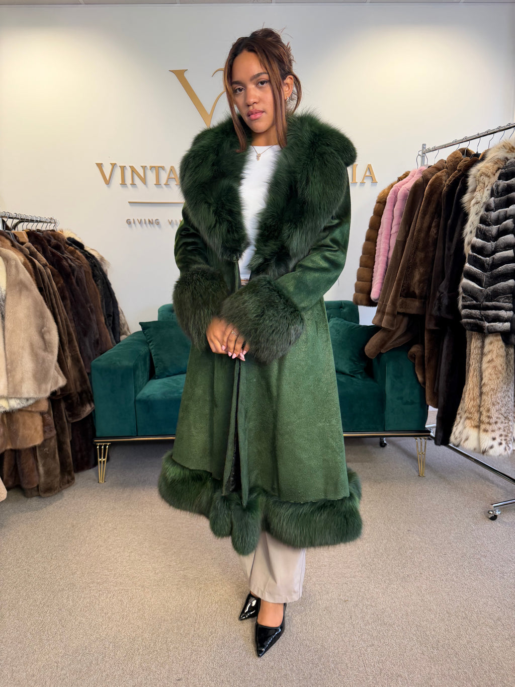 Green Dyed Leather Coat with Fox Fur Collar, Medium, Designer
