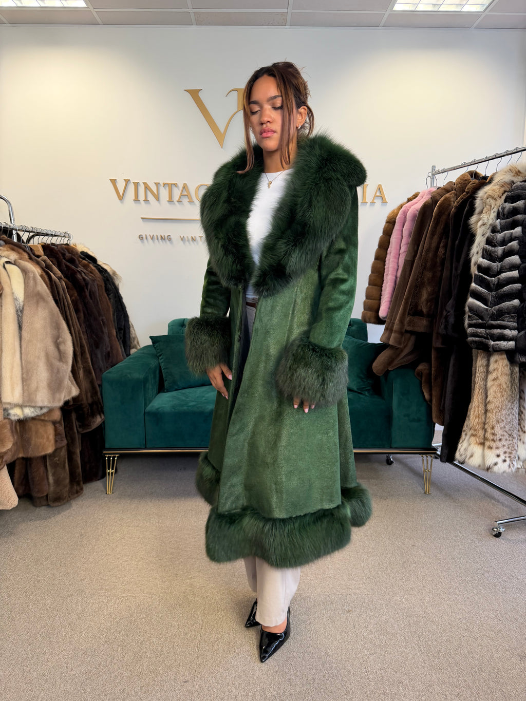 Green Dyed Leather Coat with Fox Fur Collar, Medium, Designer