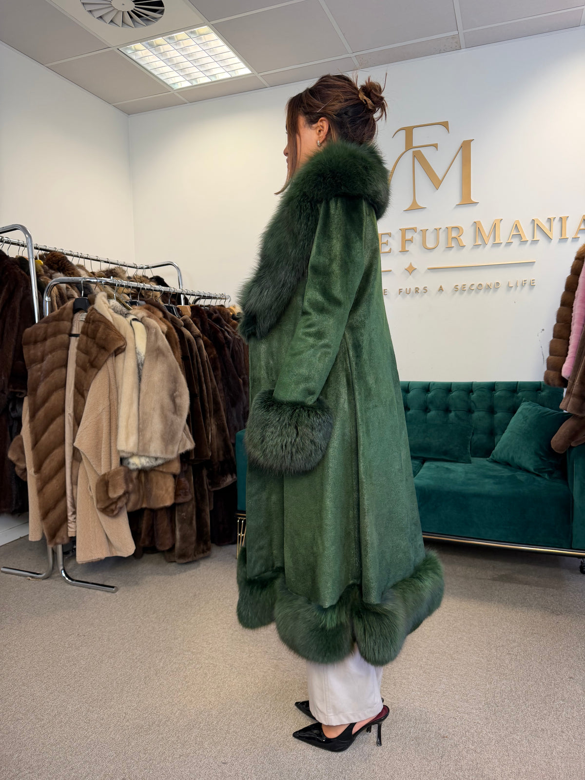 Green Dyed Leather Coat with Fox Fur Collar, Medium, Designer