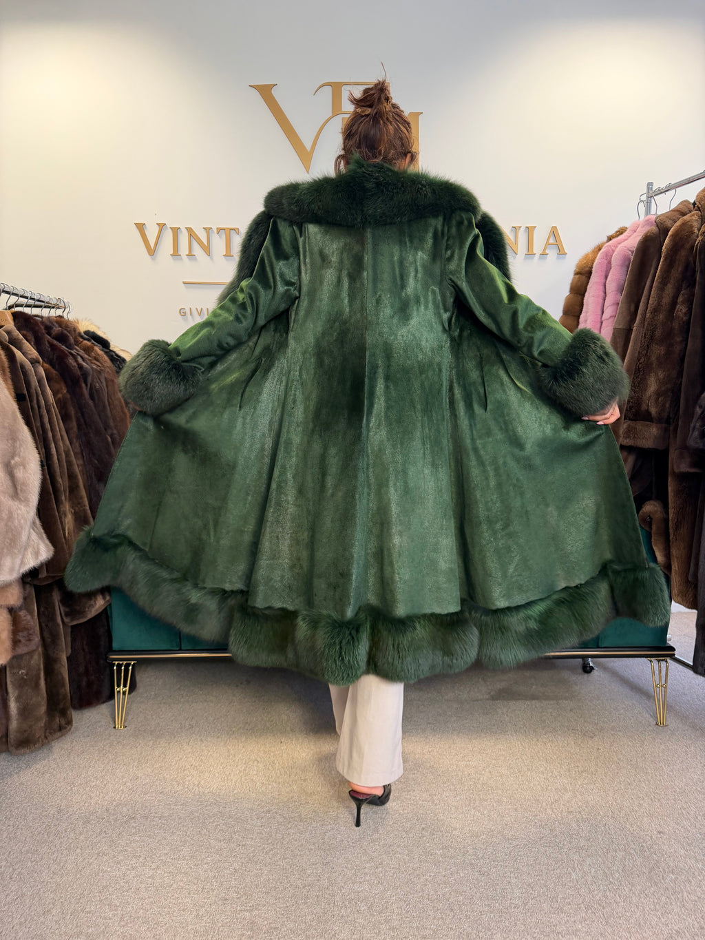 Green Dyed Leather Coat with Fox Fur Collar, Medium, Designer