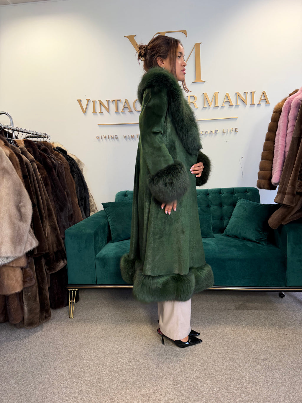 Green Dyed Leather Coat with Fox Fur Collar, Medium, Designer