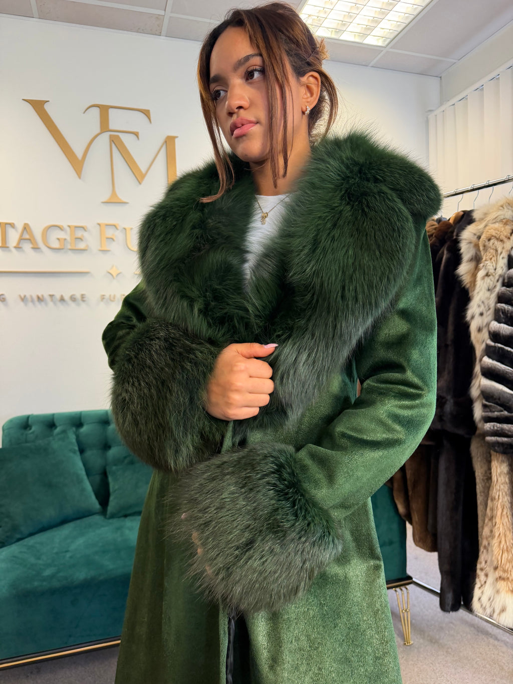 Green Dyed Leather Coat with Fox Fur Collar, Medium, Designer
