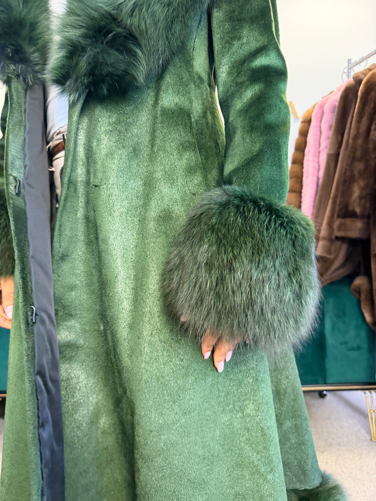Green Dyed Leather Coat with Fox Fur Collar, Medium, Designer