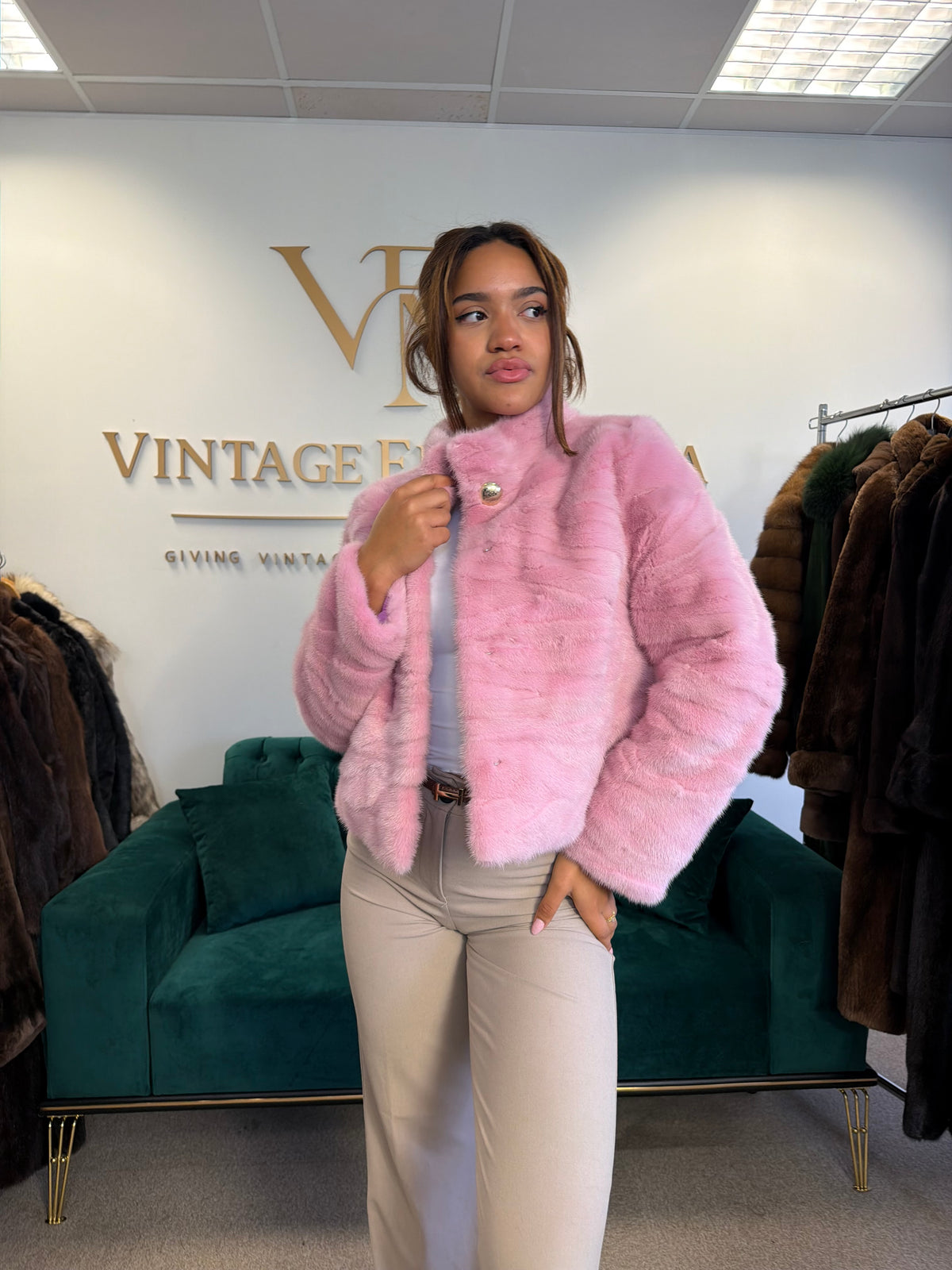 Short Pink Dyed Mink Fur Jacket, Medium, New