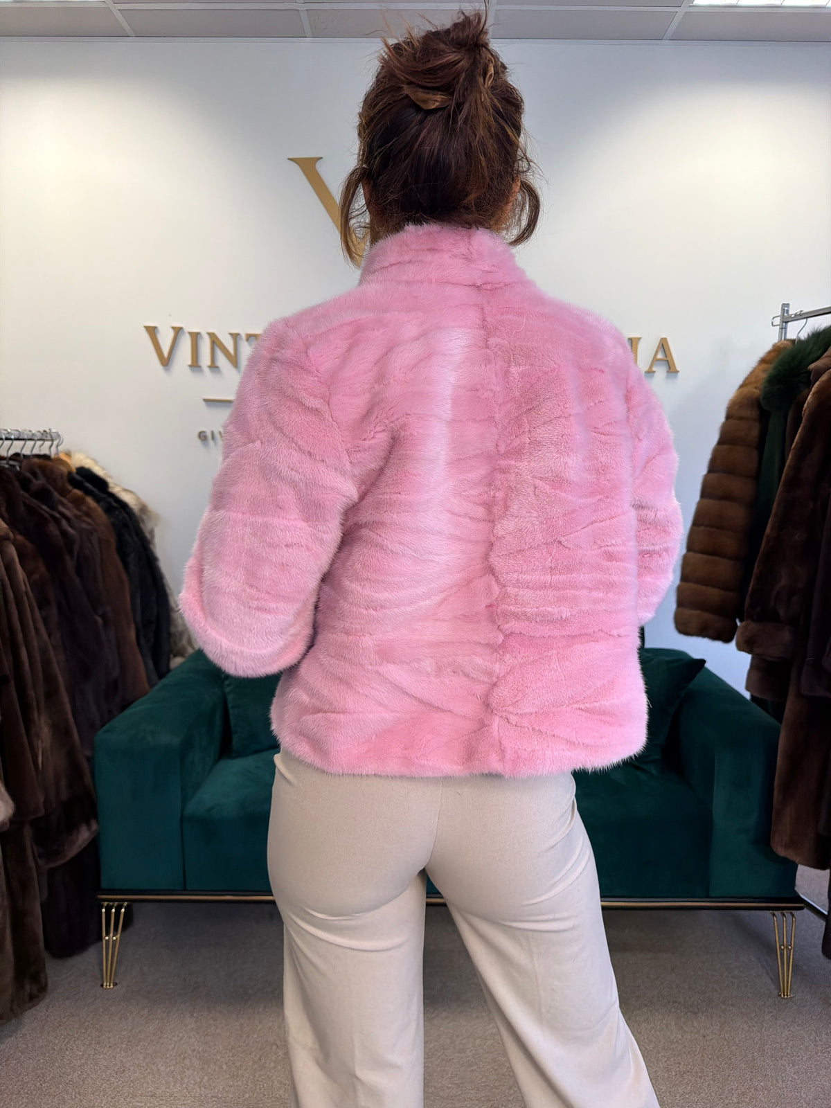 Short Pink Dyed Mink Fur Jacket, Medium, New