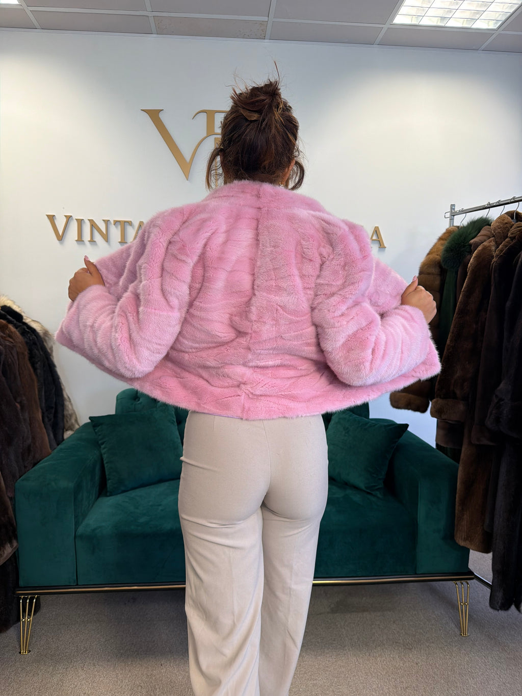 Short Pink Dyed Mink Fur Jacket, Medium, New
