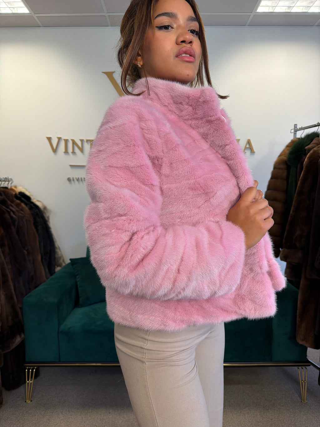 Short Pink Dyed Mink Fur Jacket, Medium, New