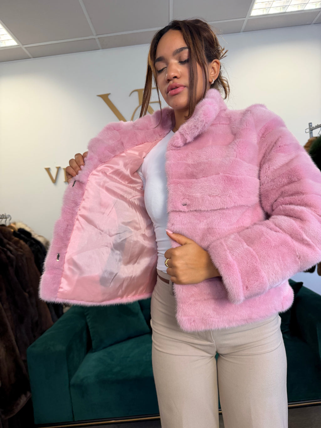 Pink Dyed Mink Fur Jacket, Medium, New