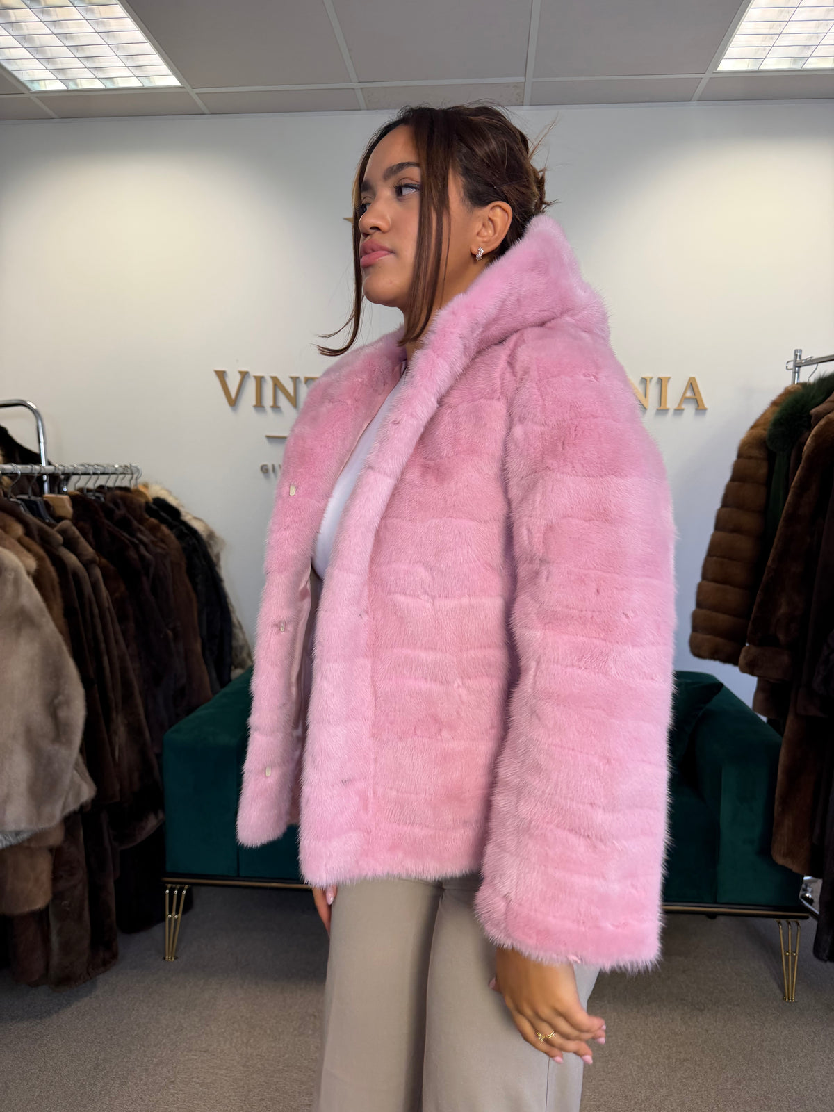Pink Dyed Mink Fur Jacket, Medium, Hooded, New