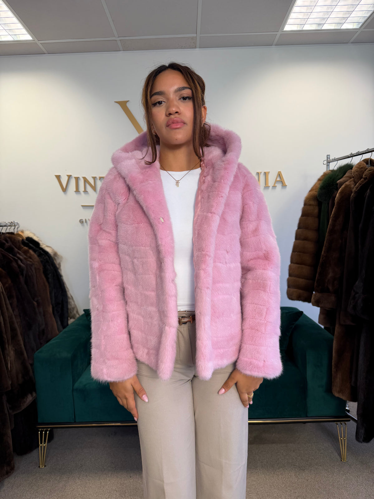 Pink Dyed Mink Fur Jacket, Medium, Hooded, New