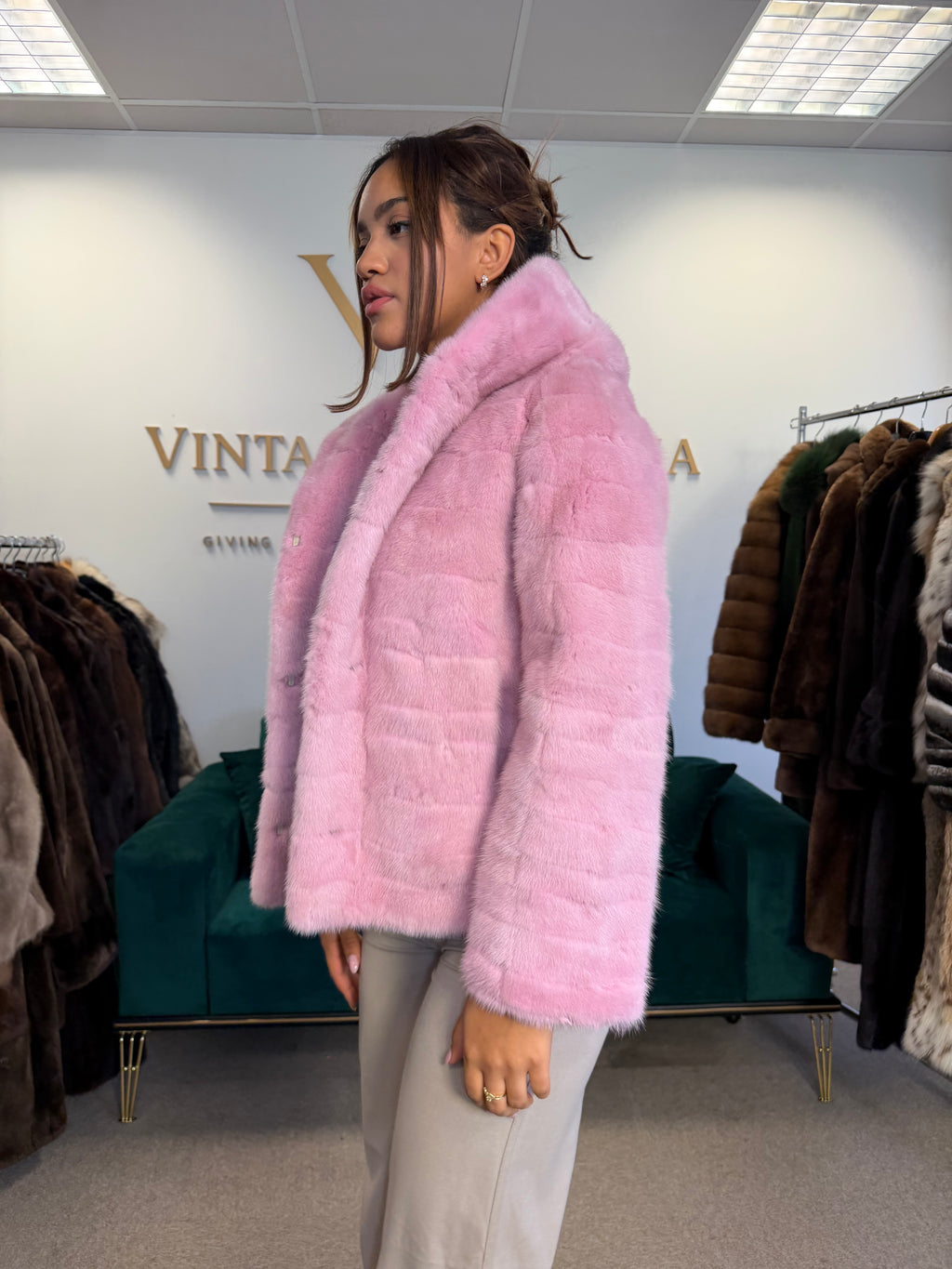 Pink Dyed Mink Fur Jacket, Medium, Hooded, New