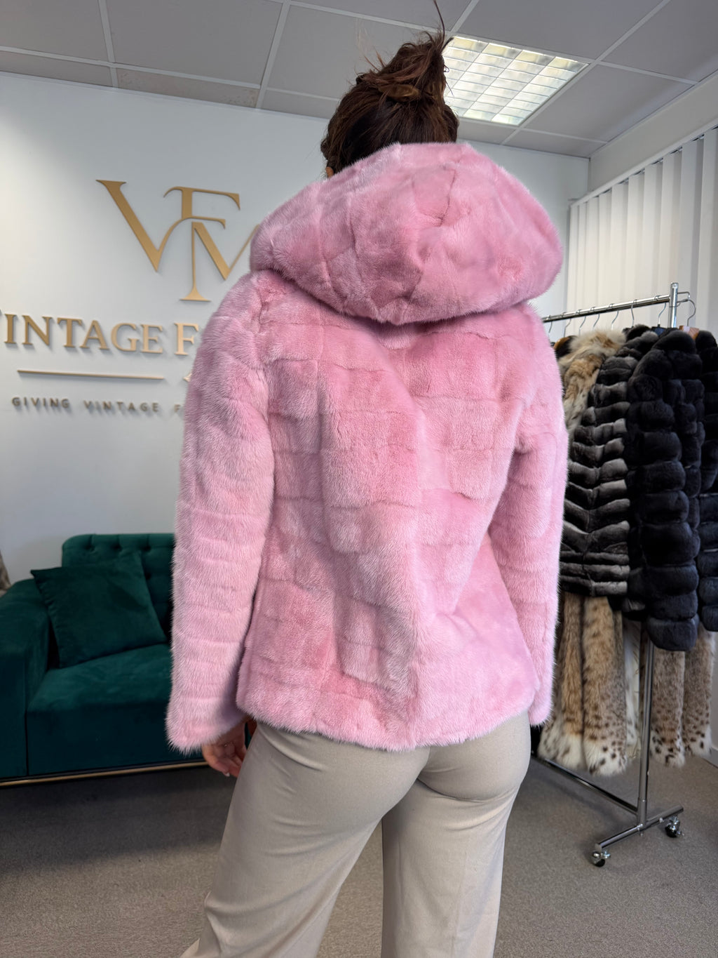 Pink Dyed Mink Fur Jacket, Medium, Hooded, New